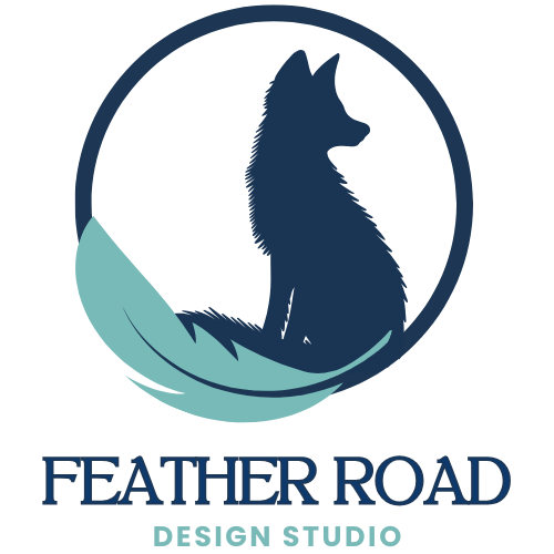 FRDS fox logo 1 Feather Road Design Studio logo navy blue fox within a navy blue circle flanked by a teal feather