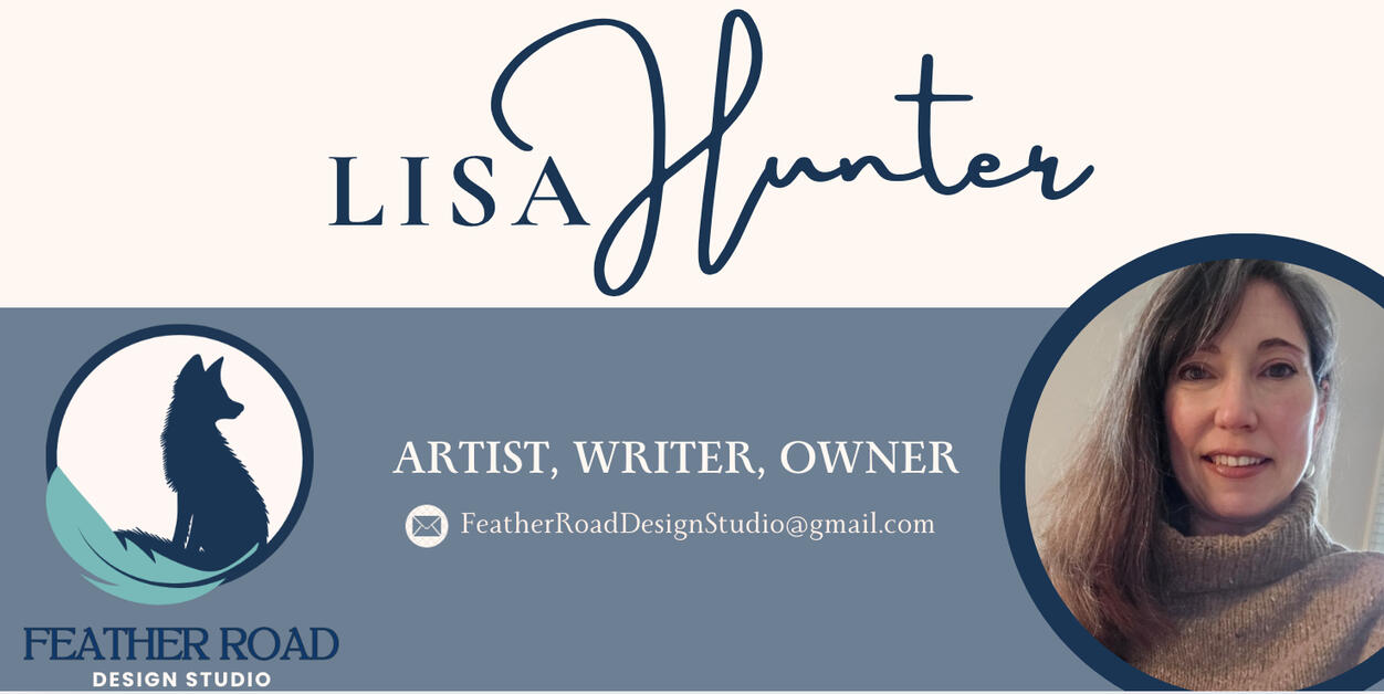 Lisa Hunter written in blue on a cream and light blue background with the fox and feather inside a circle and a photo of Lisa, a woman with long brown hair wearing a taupe colored knit sweater inside of a circle.